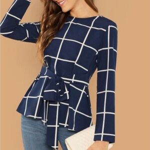 SHEIN Navy and white top with tie-Size Large, like new